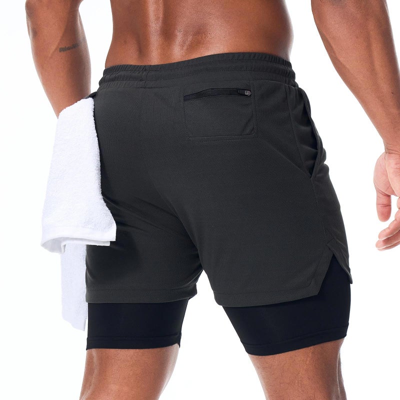 Surenow Men's Athletic Running Shorts Quick Dry Workout Shorts 2 in 1 Shorts 5" Gym Running Shorts for Men with Phone Pocket Grey - Image 2